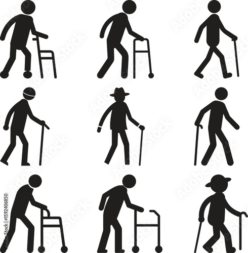 Elderly People Walking with Walking Aids Icons