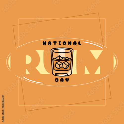 National Rum Day to celebrate on August 16th. A glass of rum filled with ice cubes on an orange background. Drink event banner.