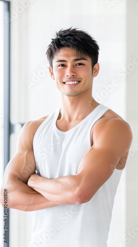 日本人 男性 アジア人 ムキムキ 筋肉 パーソナル トレーナー スマイル ジム バストショット 灰色 白 背景