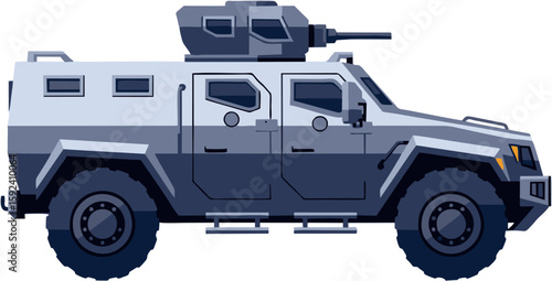 Illustration of a military armored vehicle, featuring a turret and large wheels.