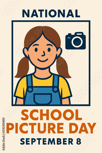 National School Picture Day poster with illustrated girl and camera 