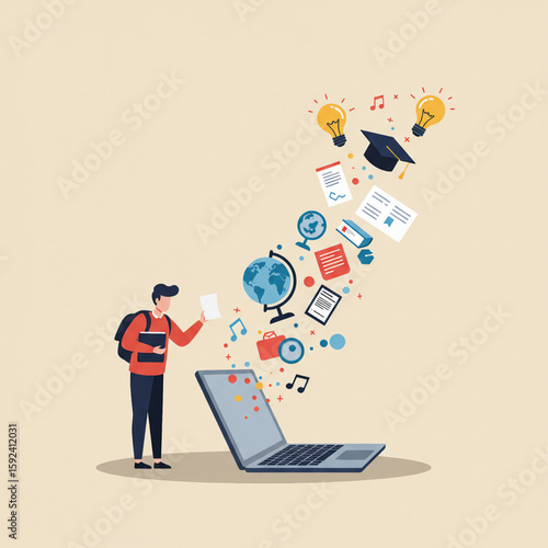 Student using laptop with education and digital knowledge icons