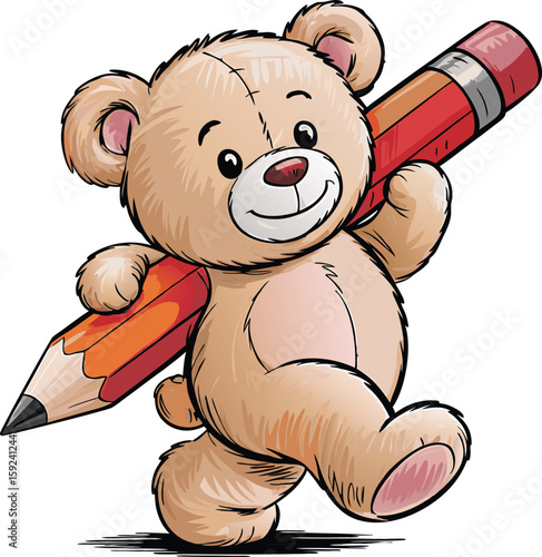 Cartoon teddy bear joyfully holding a big pencil ready for education or creative writing.