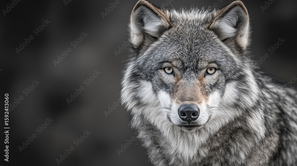 Naklejka premium Close-up portrait of a gray wolf, intense gaze, dark background.