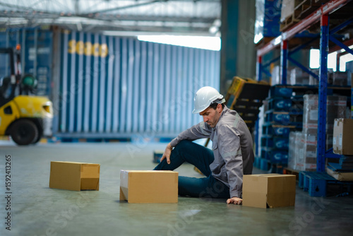 Senior male worker fell on warehouse floor with boxes scattered. Concept for workplace accident, injury prevention, and warehouse safety compliance.