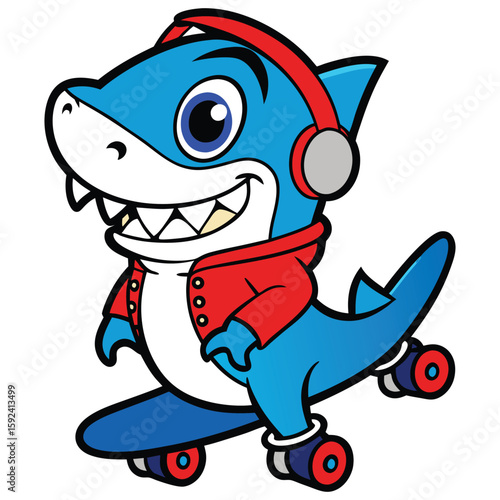 Cartoon blue shark wearing headphones and jacket on roller skates