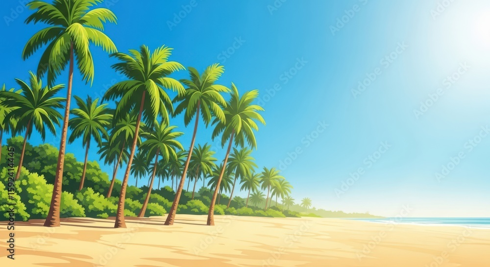 Fototapeta premium Tropical beach paradise features golden sand, azure sky, and lush green palm trees under the bright sunshine inviting relaxation.