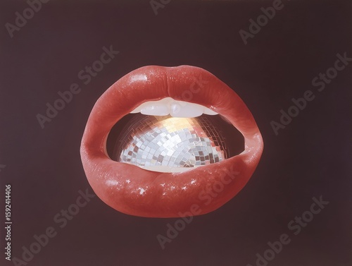 Red lips hold a disco ball in its mouth, creating a dazzling and surreal visual. Party time, anyone?
