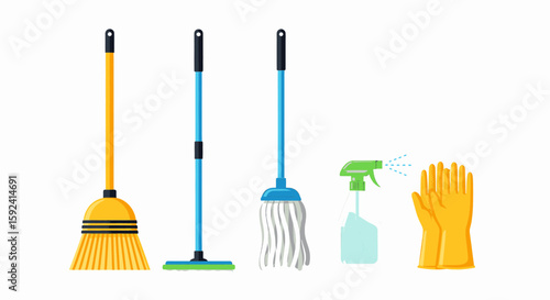 A collection of cleaning tools, including brooms, mops, spray bottle, and gloves.