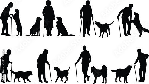 Silhouette of elderly people with dogs, walking canes, companionship, love, pet therapy, senior lifestyle, animal bonding, active aging, care