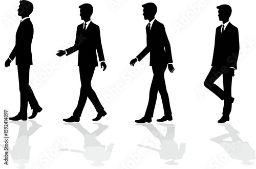 Silhouettes of businessmen in suits walking in a line against a white background