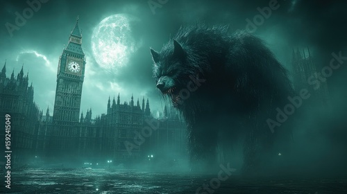 Night wolf in front of Big Ben