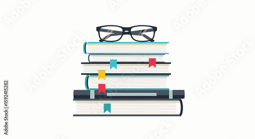 Stack of books with colorful bookmarks and eyeglasses on top, against a white background.