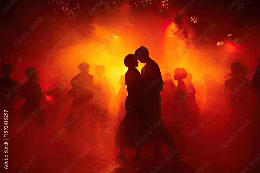 Fototapeta premium Silhouettes of dancing figures in a vibrant, orange-red lit space
