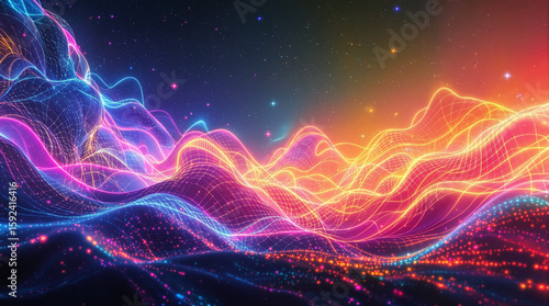 Wallpaper Mural Neon-hued, glowing, wave-like digital landscape with a starry, dark backdrop.  Intricate network of lines forms undulating hills of vibrant pink, blue, and orange light Torontodigital.ca