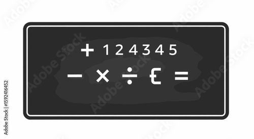 A dark slate chalkboard displays basic arithmetic symbols and numbers.