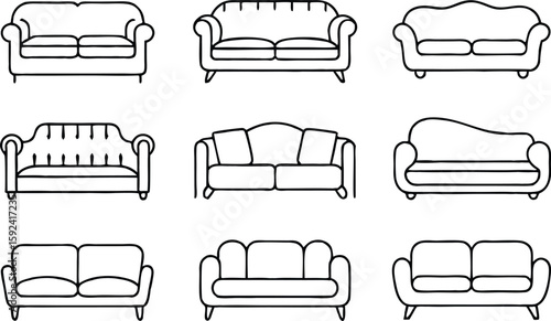 Collection of nine different sofa styles in black and white vector outlines