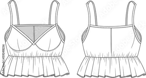 Stylish cropped camisole top with wide straps, pleated peplum hem, underbust seam, gathered detail, technical flat fashion design sketch