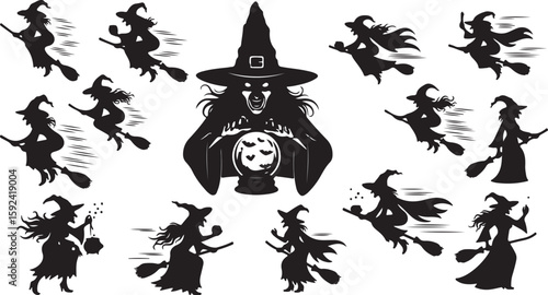 Vector art of a collection of flying witches and a central witch with a crystal ball