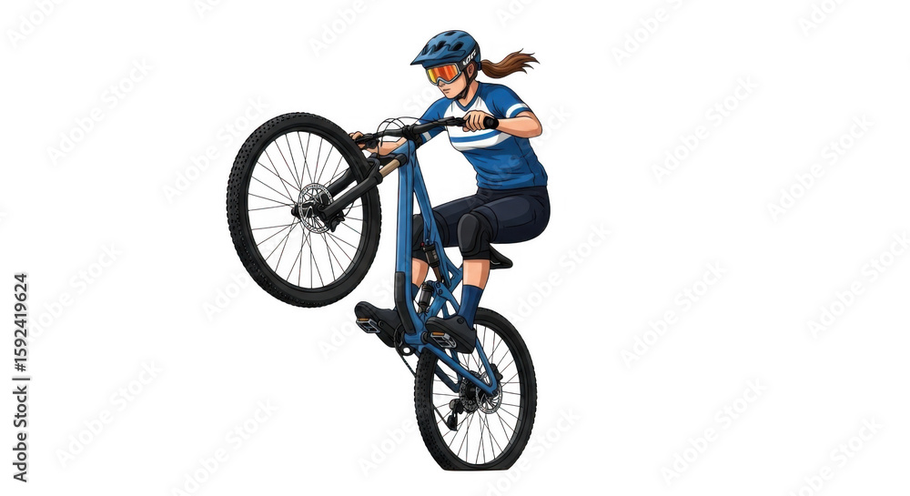 Obraz premium Female cyclist performing a wheelie on a mountain bike PNG illustration