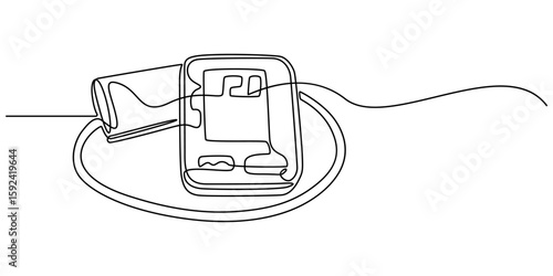 Electronic medical tonometer for measuring blood pressure. Medical healthcare check up analysis, Continuous one line drawing sphygmomanometer. World hypertension day concept. Single line draw design. 