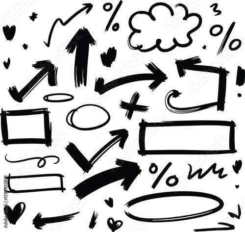 Hand drawn black and white graphic elements with arrows hearts circles and shapes for design