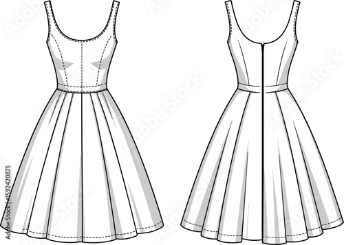 Technical flat sketch of sleeveless fit and flare midi dress, scoop neckline, pleated skirt, zipper back, front and back view