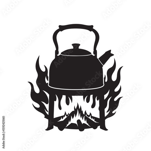 Black silhouette of a kettle over a campfire, ready to brew tea