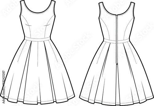 Technical flat sketch of sleeveless flared midi dress with fitted bodice, scoop neckline, zipper back, front and back view