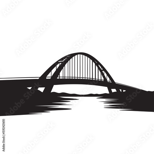 Dramatic black and white silhouette of an arch bridge spanning water landscape