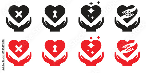 Heart Icon Set: Care, Protection, Loss, and Unity. Black and Red Variations. Minimalist, Symbolic, Vector Graphics. Perfect for Charity, Healthcare, or Relationship Concepts.
