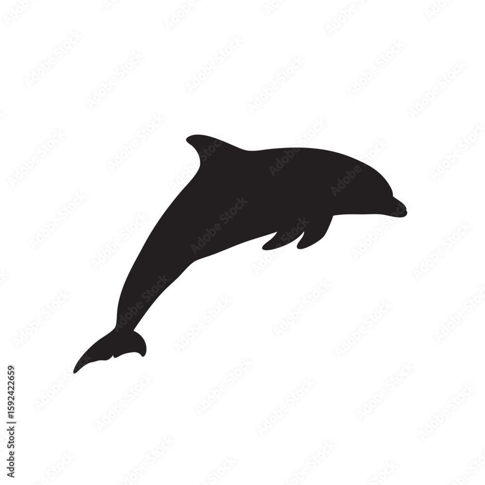 Fototapeta premium Black Silhouette of a Dolphin Leaping Out of the Water on White