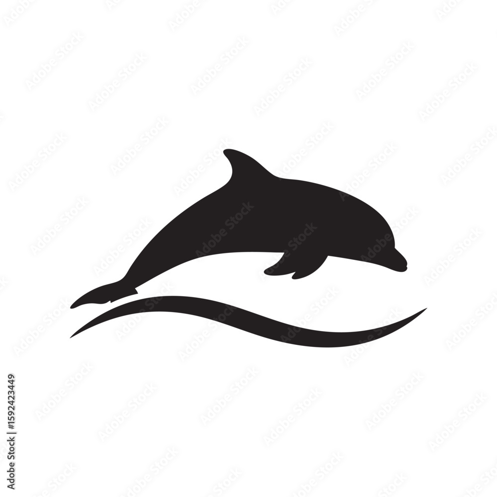 Fototapeta premium Silhouette of a jumping dolphin over sea waves on a white background