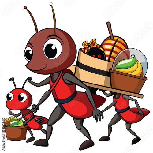 Three cartoon ants carrying food and supplies insect