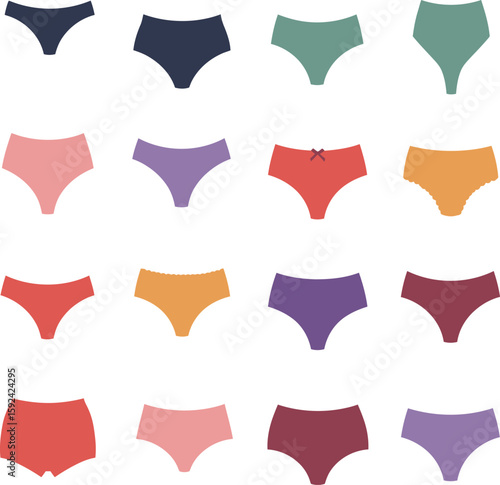 Vibrant Thong Panties Collection: Diverse Colors of Women's Underwear Silhouettes - Essential Lingerie Vector Set.