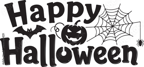 Vector art of happy halloween with a pumpkin, bat, and spider web
