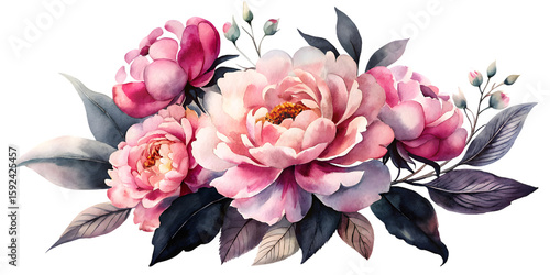 Fototapeta Naklejka Na Ścianę i Meble -  Watercolor painting featuring pink and light pink peonies with dark leaves on a black background on transparent background