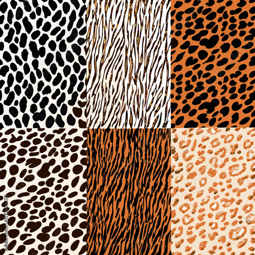 animal print seamless pattern, leopard print, cheetah print, zebra stripes, tiger fur texture, jaguar spots, abstract animal skin background, wildlife textile design, repeating nature textures