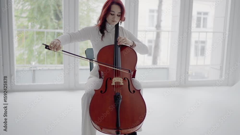 A beautiful woman sitting and playing the cello in a studio on a white ...