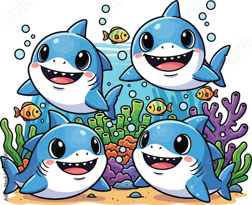 Four cute cartoon sharks swimming happily in the ocean