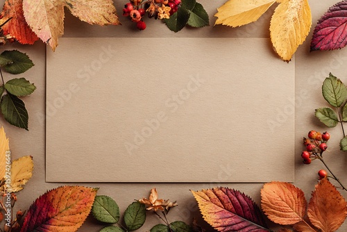 A beautiful autumn frame with colorful leaves and berries surrounding a blank paper, perfect for seasonal greetings and creative designs.