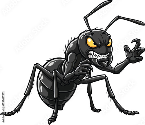 An aggressive cartoon ant with sharp claws and yellow eyes isolated on white