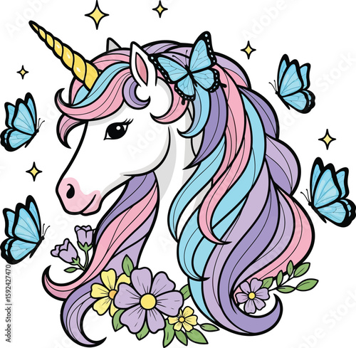 A unicorn with a rainbow mane surrounded by butterflies and flowers