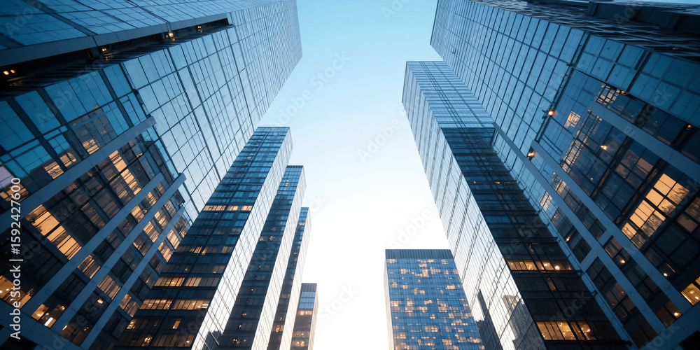 Fototapeta premium Upward wide-angle view of modern corporate skyscrapers with glass reflections and open blue sky, symbolizing business growth, financial ambition, and real estate development in urban city centers.