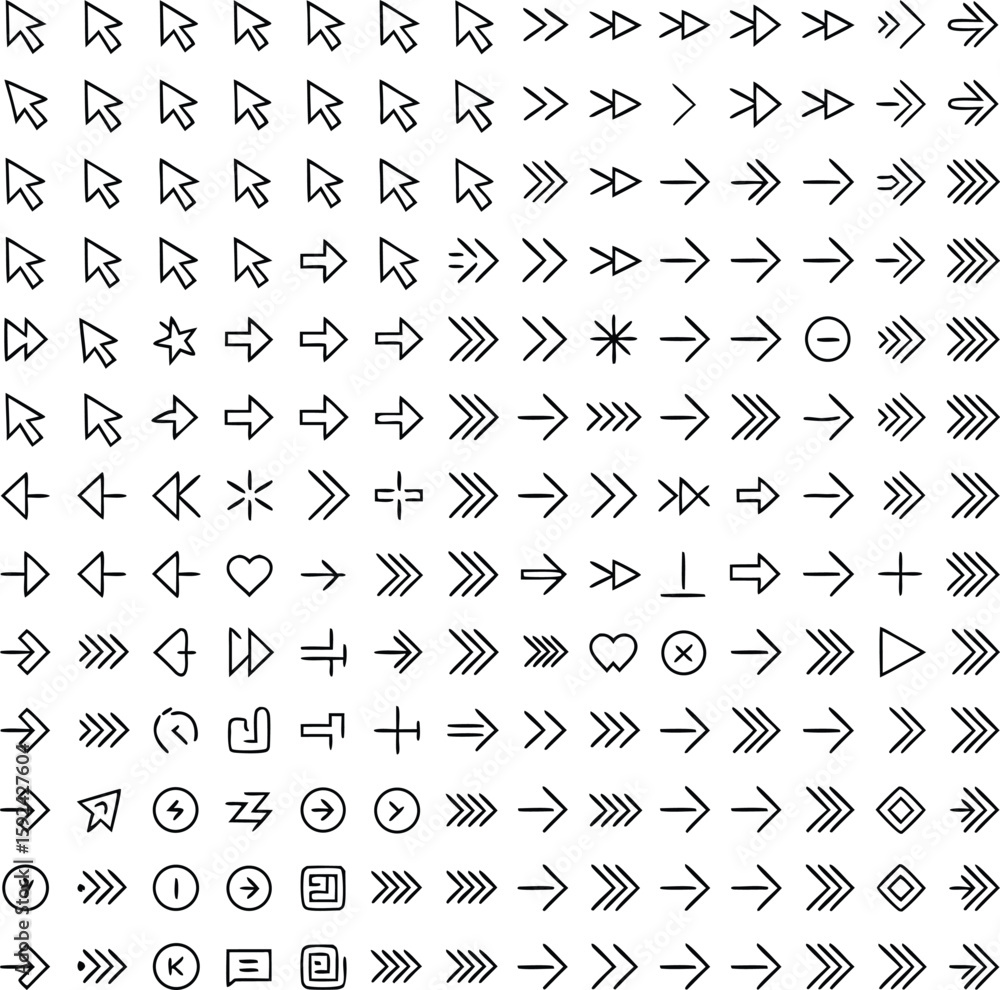 Naklejka premium Set of various black and white arrow icons representing directions navigation and user interface elements
