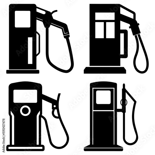 Illustration of four black gas station pumps with nozzles and hoses in a vector format design style
