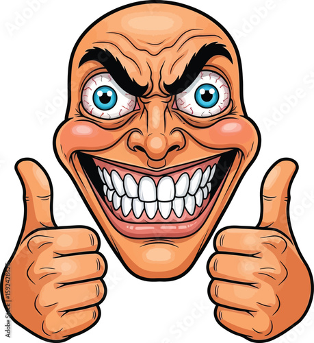 A scary, grinning bald face with blue eyes giving thumbs up