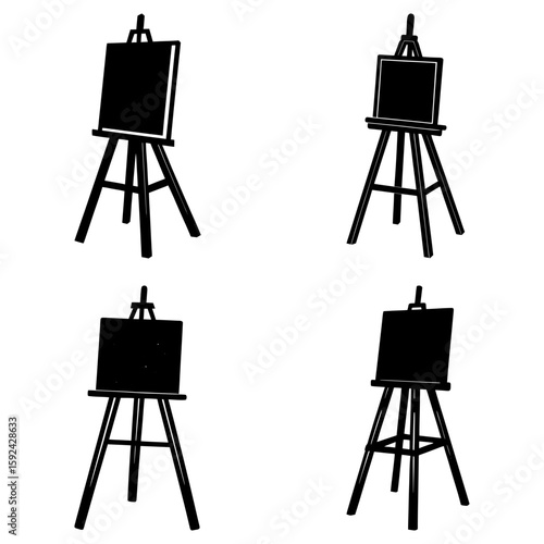 Four artistic easels displayed in a repeating pattern against a white background in a simple black silhouette