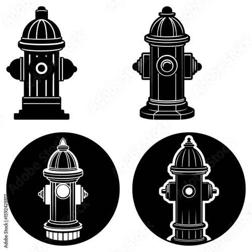 Illustration showing four fire hydrants in black and white with different design styles and backgrounds
