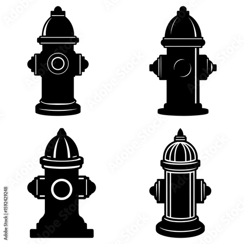 Four black and white fire hydrants in different styles arranged on a white background in a graphic design